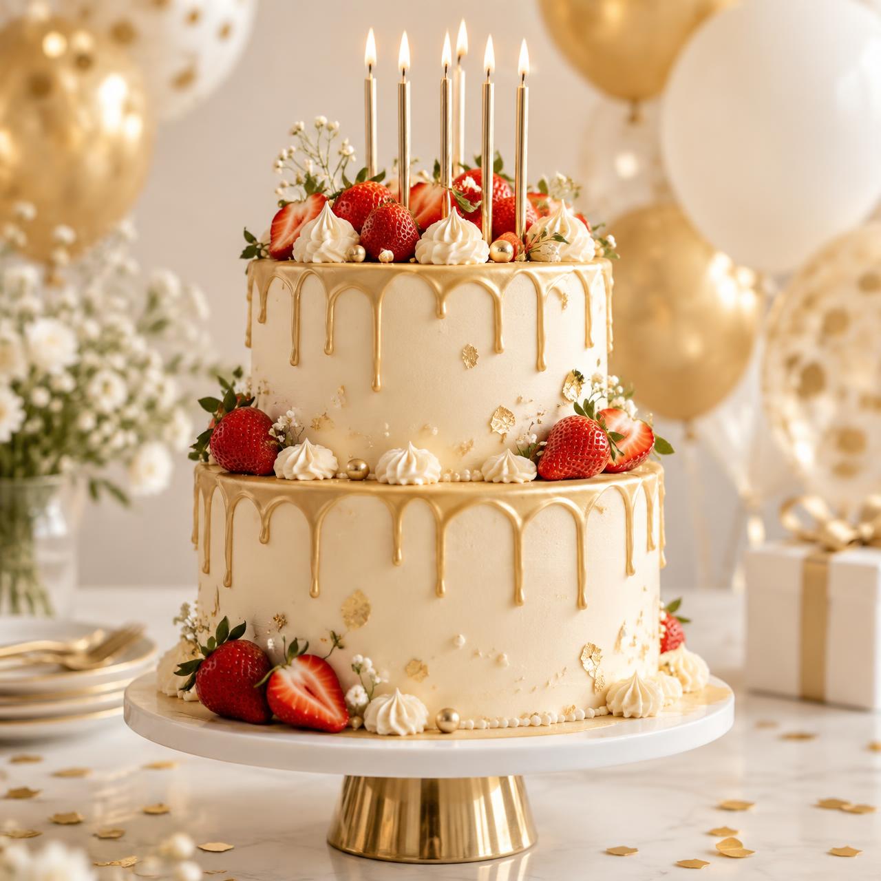 A gold-drip birthday cake with candles, strawberries and balloons