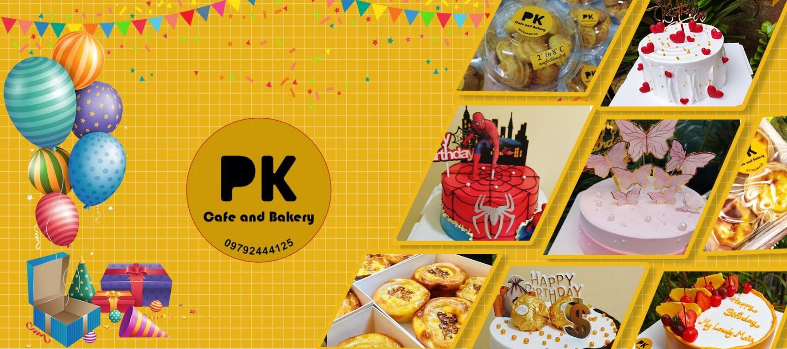A collage of PK Cafe and Bakery cakes and egg tarts